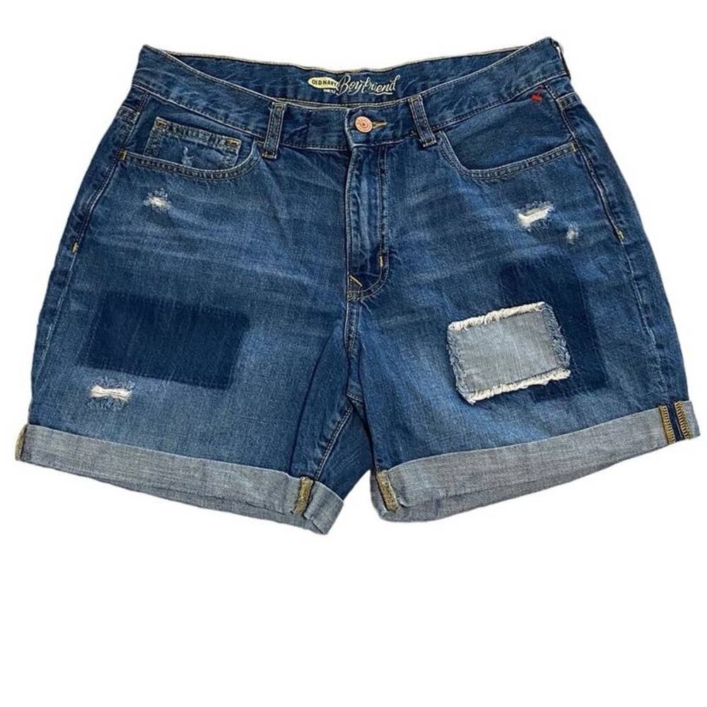 OLD NAVY Denim Blue Jean Boyfriend Distressed Patches Shorts ~ Ladies Size 8